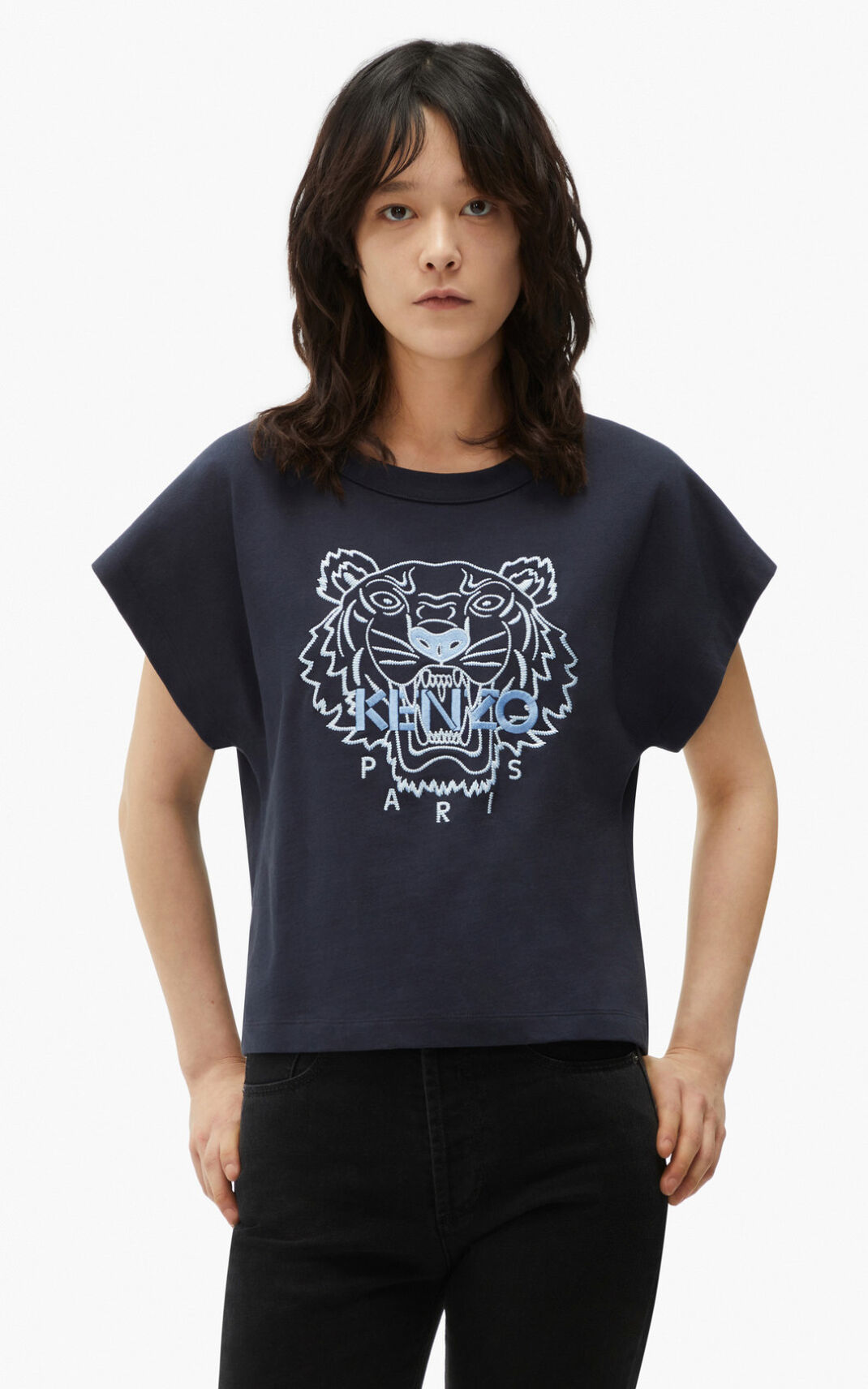 Kenzo Tiger boxy T Shirt Blue Black For Womens 4063VYKSC